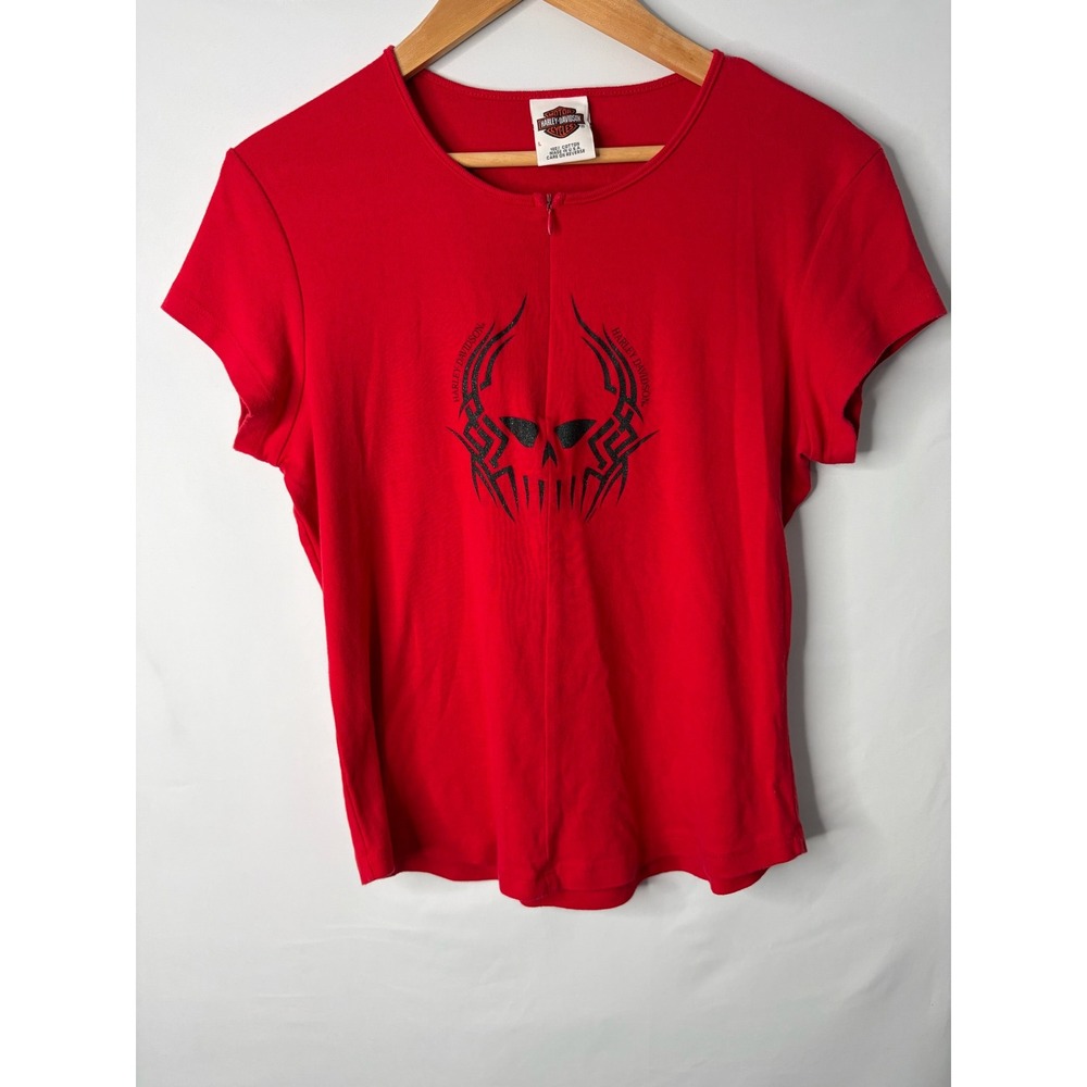 Harley-Davidson Red Skull Glitter Zip Front Graphic Tee Alamo City Texas L Biker